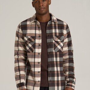 American Tall Sherpa-Lined Fleece Overshirt for Tall Men in Beige Tartan Size SS